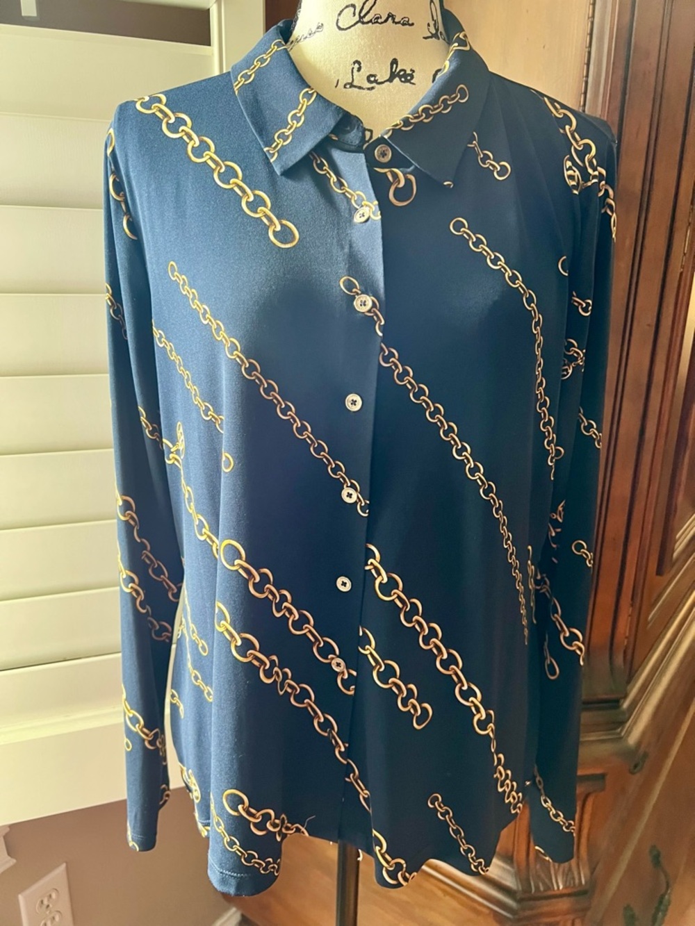 Tommy Hilfiger Navy Blouse with Gold Chain Motif